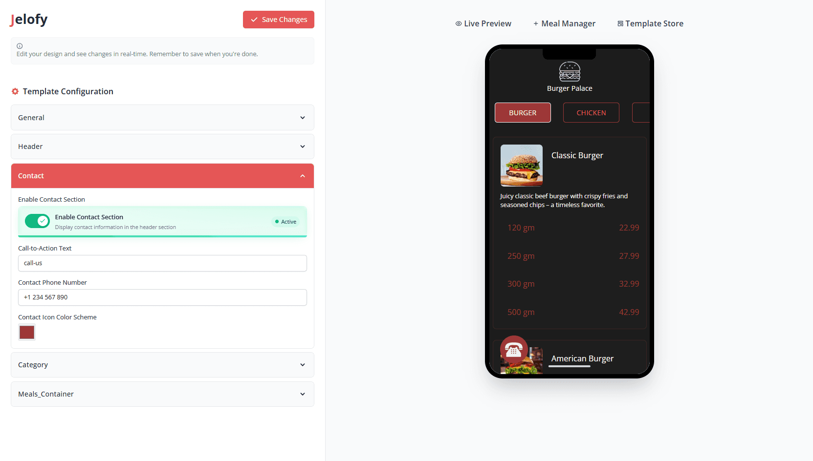 Editor interface showing menu customization options