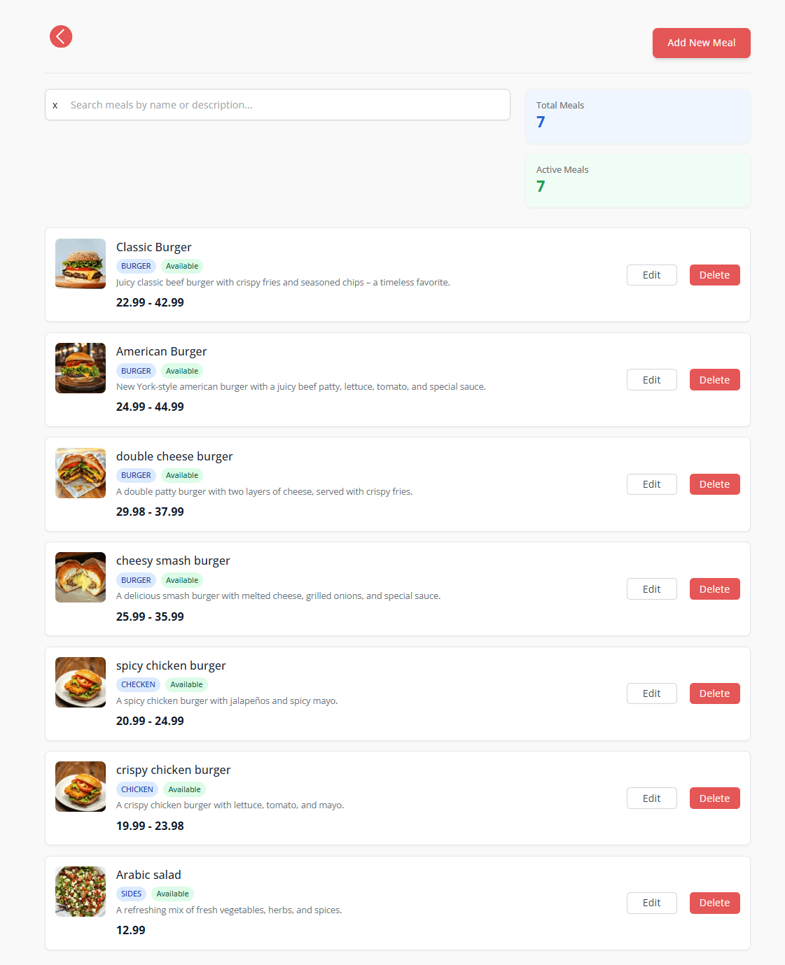 Meal management interface showing food items